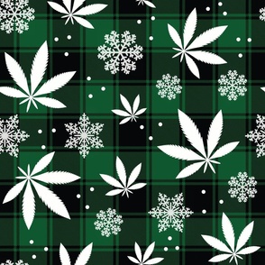 Large Scale Marijuana Snowstorm Holiday Weed Christmas Pot and Snowflakes on Green Buffalo Plaid