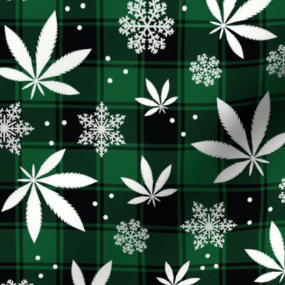 Medium Scale Marijuana Snowstorm Holiday Weed Christmas Pot and Snowflakes on Green Buffalo Plaid