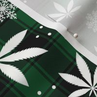 Medium Scale Marijuana Snowstorm Holiday Weed Christmas Pot and Snowflakes on Green Buffalo Plaid