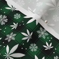 Small Scale Marijuana Snowstorm Holiday Weed Christmas Pot and Snowflakes on Green Buffalo Plaid