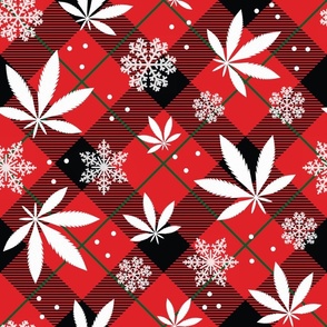 Large Scale Marijuana Snowstorm Holiday Weed Christmas Pot and Snowflakes on Red Plaid
