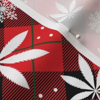 Medium Scale Marijuana Snowstorm Holiday Weed Christmas Pot and Snowflakes on Red Plaid