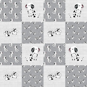 Bigger Scale Patchwork 6" Squares Black and White Dalmation Puppy Dogs and Paw Prints on Grey for Cheater Quilt