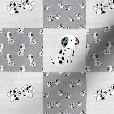 Smaller Scale Patchwork 3" Squares Black and White Dalmation Puppy Dogs and Paw Prints on Grey for Cheater Quilt