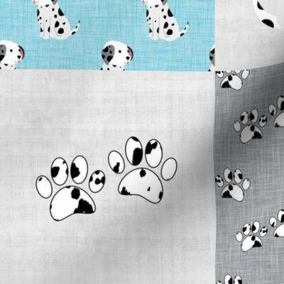 Bigger Scale Patchwork 6" Squares Black and White Dalmation Puppy Dogs and Paw Prints on Blue Cheater Quilt