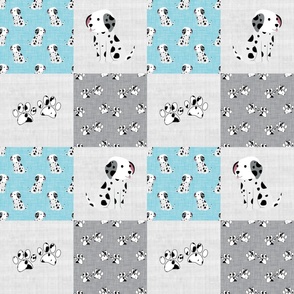 Bigger Scale Patchwork 6" Squares Black and White Dalmation Puppy Dogs and Paw Prints on Blue Cheater Quilt