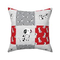 Bigger Scale Patchwork 6" Squares Black and White Dalmation Puppy Dogs and Paw Prints on Red for Cheater Quilt