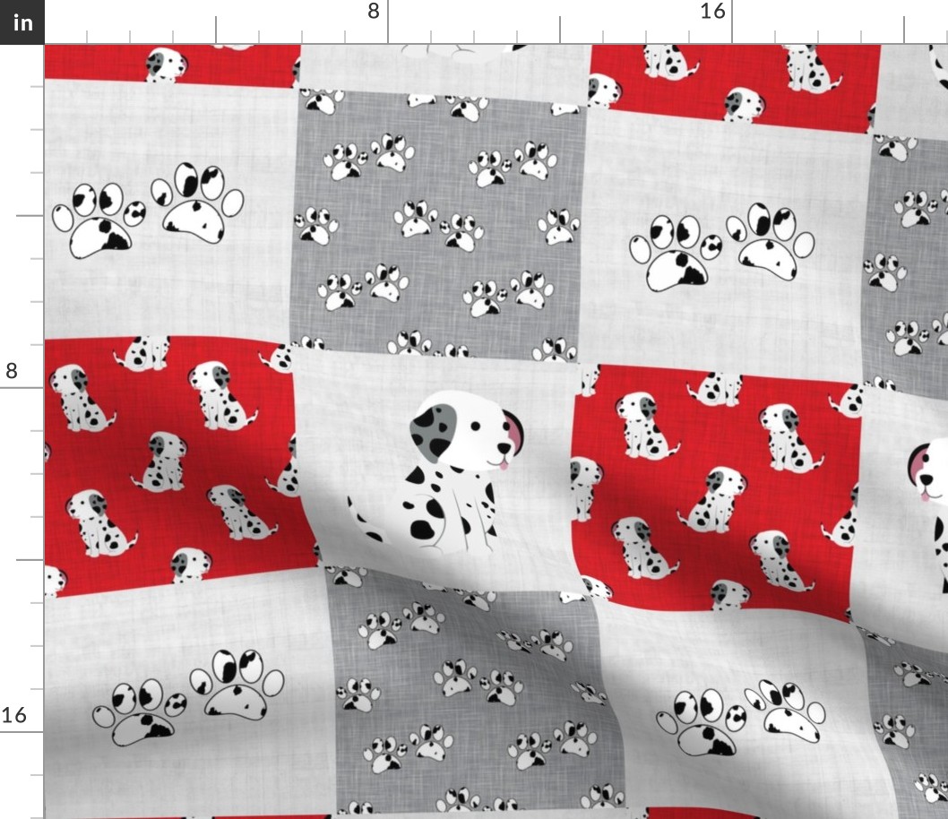 Bigger Scale Patchwork 6" Squares Black and White Dalmation Puppy Dogs and Paw Prints on Red for Cheater Quilt