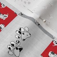 Smaller Scale Patchwork 3" Squares Black and White Dalmation Puppy Dogs and Paw Prints on Red for Cheater Quilt