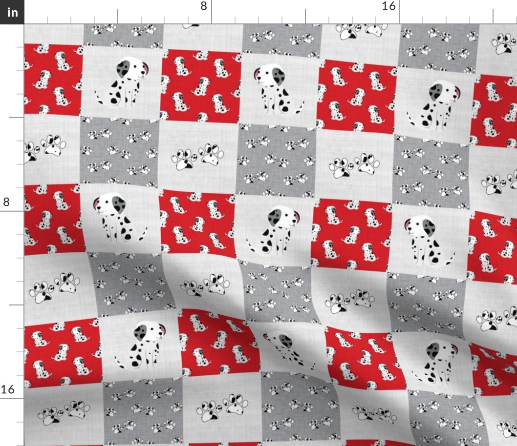 Smaller Scale Patchwork 3" Squares Black and White Dalmation Puppy Dogs and Paw Prints on Red for Cheater Quilt