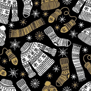 Large Scale Scandi Winter Knit Sweaters Socks Hats Scarves Black Gold White