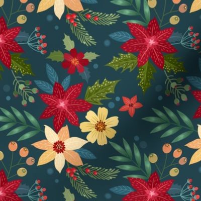 Medium Scale Christmas Floral Red Ivory Poinsettia Holiday Flowers on Teal