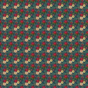 Small Scale Christmas Floral Red Ivory Poinsettia Holiday Flowers on Teal