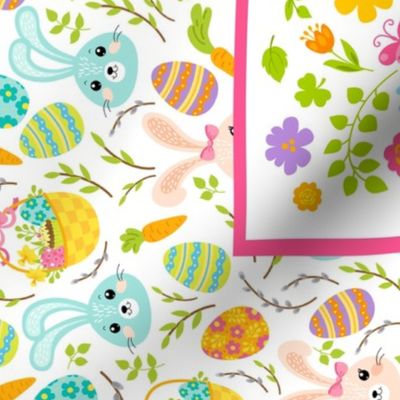 Large 27x18 Fat Quarter Panel Happy Easter Spring Flowers and Bunnies Wall Art or Tea Towel Size