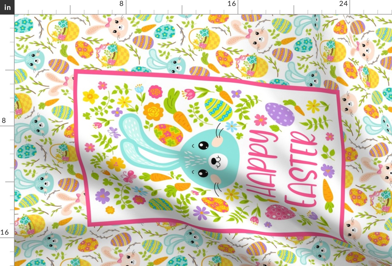 Large 27x18 Fat Quarter Panel Happy Easter Spring Flowers and Bunnies Wall Art or Tea Towel Size