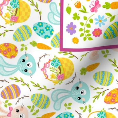 Regular 21x18 Fat Quarter Panel Happy Easter Spring Flowers and Bunnies 