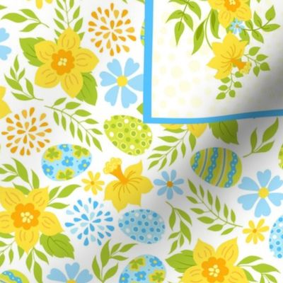 21x18 Fat Quarter Panel Spring Is In the Air Easter Flowers and Eggs Yellow Daffodils