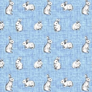 Medium Scale Bunny Rabbit Sketches on Blue Crosshatch