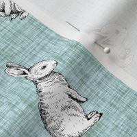 Large Scale Bunny Rabbit Sketches on Sage Green Crosshatch