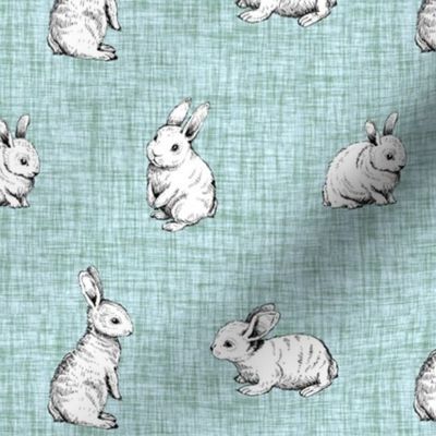 Large Scale Bunny Rabbit Sketches on Sage Green Crosshatch