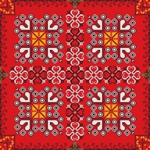 Romanian Folk Art Square Tile Design on Red