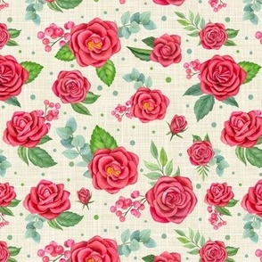 Medium Scale Coral Pink Floral Red Hot Pink Roses on Ivory Linen Texture