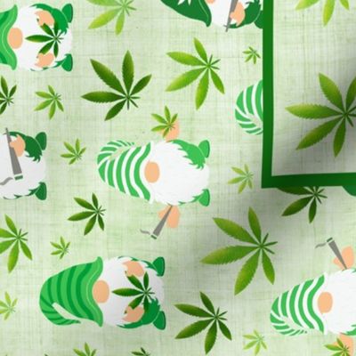 27x18 Fat Quarter Panel Rollin' With My Gnomies Green Marijuana Leaves Pot Weed Gnomes