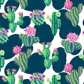 Cactus in Bloom on Navy Blue Spots