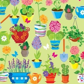 Flowers in Pots on Green