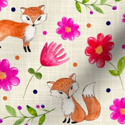 Large Scale Orange Fox Floral Hot Pink Red Flowers Berries