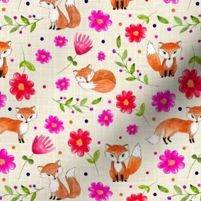 Medium Scale Orange Fox Floral Hot Pink Red Flowers Berries