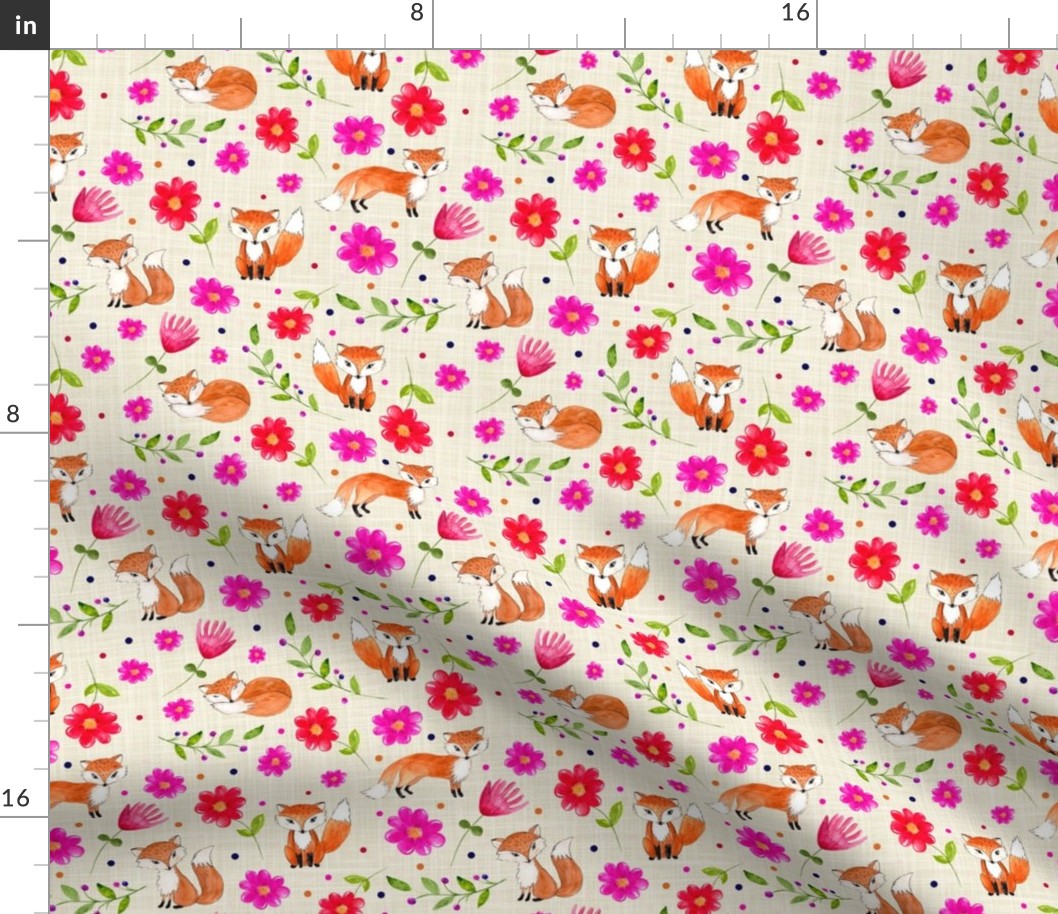 Medium Scale Orange Fox Floral Hot Pink Red Flowers Berries