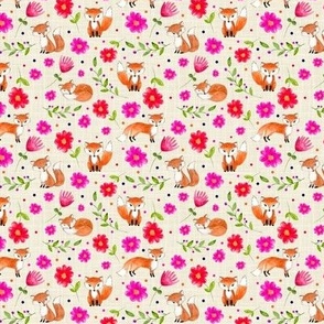 Small Scale Orange Fox Floral Hot Pink Red Flowers Berries