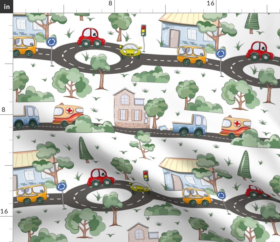 Medium Scale City Cars and Trucks Primary Colors Road Map