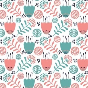 Small Scale Scandi Flowers Coral Aqua Navy Blue