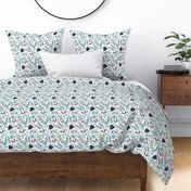 Medium Scale Scandi Flowers Coral Aqua Navy Blue