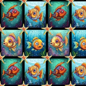 FUNNY BRIGHT FISHES AND STARFISH TILES ON BLACK FLWRHT