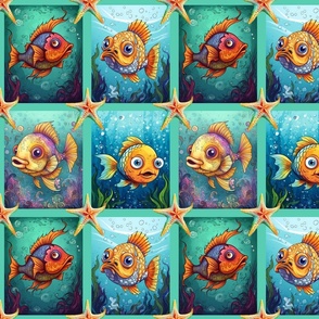 FUNNY BRIGHT FISHES AND STARFISH TILES ON AQUA TURQUOISE FLWRHT