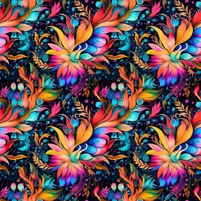 GORGEOUS BRIGHT COLORFUL GYPSY FLOWERS ORANGE BLUE ON BLACK 7 FLWRHT