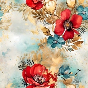 TURQUOISE AND RED SUMMER FLOWERS 8 GOLD FLWRHT