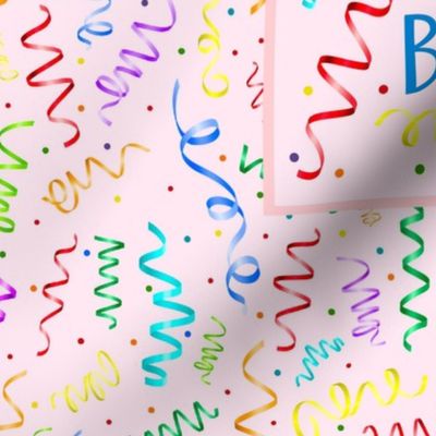 21x18 Fat Quarter Panel Happy Fucking Birthday Sarcastic Sweary Adult Humor Ribbon Streamers Celebration Confetti on Pink Placemat or Pillowcase Size