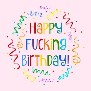 18x18 Square Panel Happy Fucking Birthday Sarcastic Sweary Adult Humor Ribbon Streamers Celebration Confetti on Pink for Pillow or Cushion