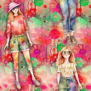 GIRL PINK RED ON HIPPY FLOWERS FLWRHT