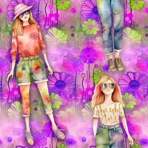 GIRL PURPLE GREEN ON HIPPY FLOWERS FLWRHT