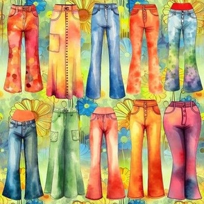 GIRL PANTS GREEN YELLOW BLUE HIPPY FLOWERS FLWRHT