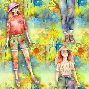 GIRL GREEN YELLOW BLUE ON HIPPY FLOWERS FLWRHT