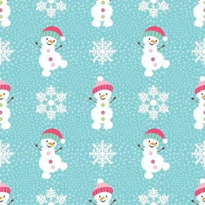 Large Scale Silly Snowmen and Snowflakes on Blue