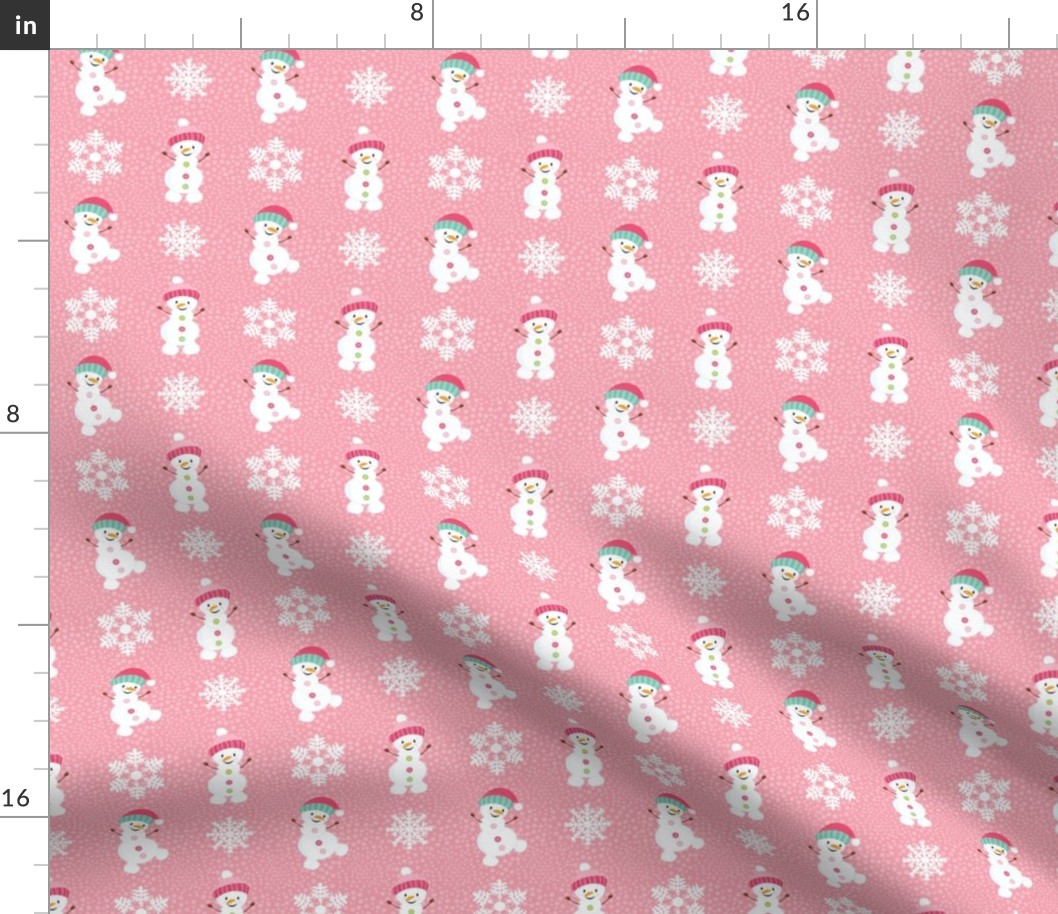 Medium  Scale Silly Snowmen and Snowflakes on Pink