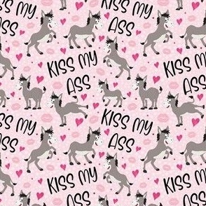 Small Scale Kiss My Ass Donkeys Adult Sarcastic Sweary Humor Hearts and Kisses on Pink