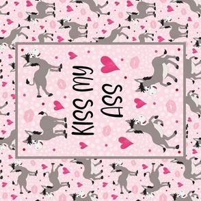 Large 27x18 Fat Quarter Panel Kiss My Ass Donkeys Adult Sarcastic Sweary Humor Hearts and Kisses on Pink Wall Art or Tea Towel Size
